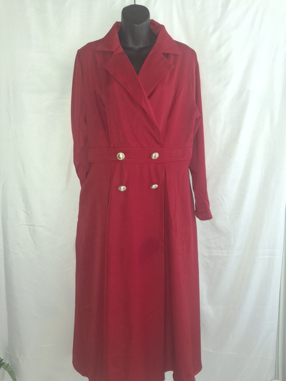 Elegant Red Long-Sleeve Double-Breasted Trench Dress
